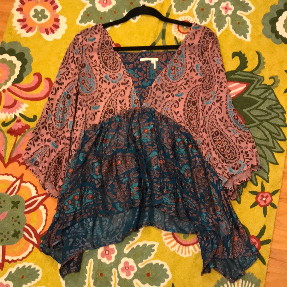 Floreat Flocked Silk Peasant Blouse Sz M